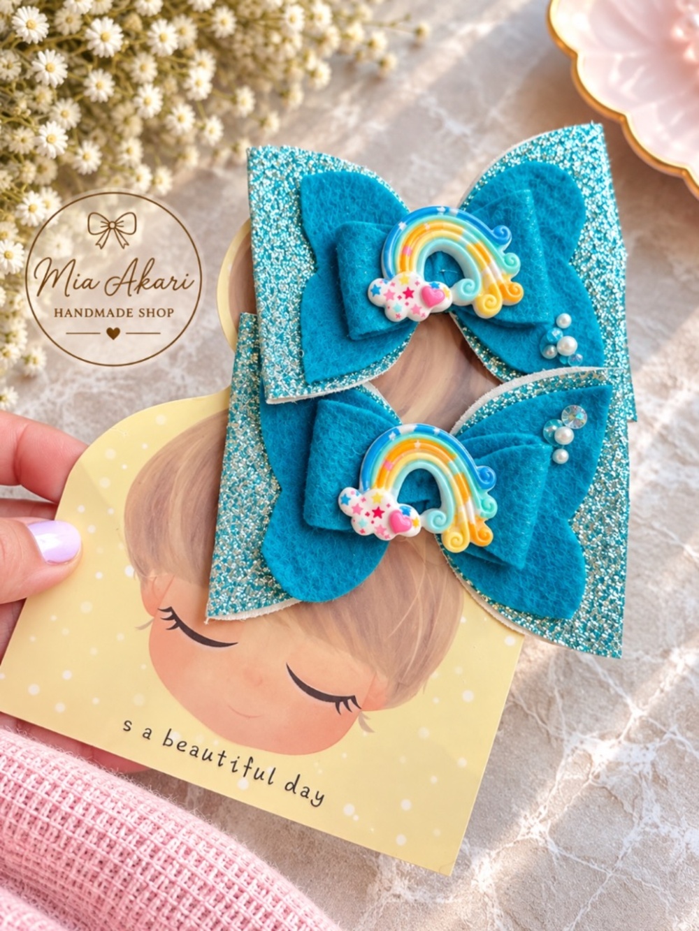 Handmade Rainbow Hair Bows Set of 2 – Blue Glitter Girls Hair Clips